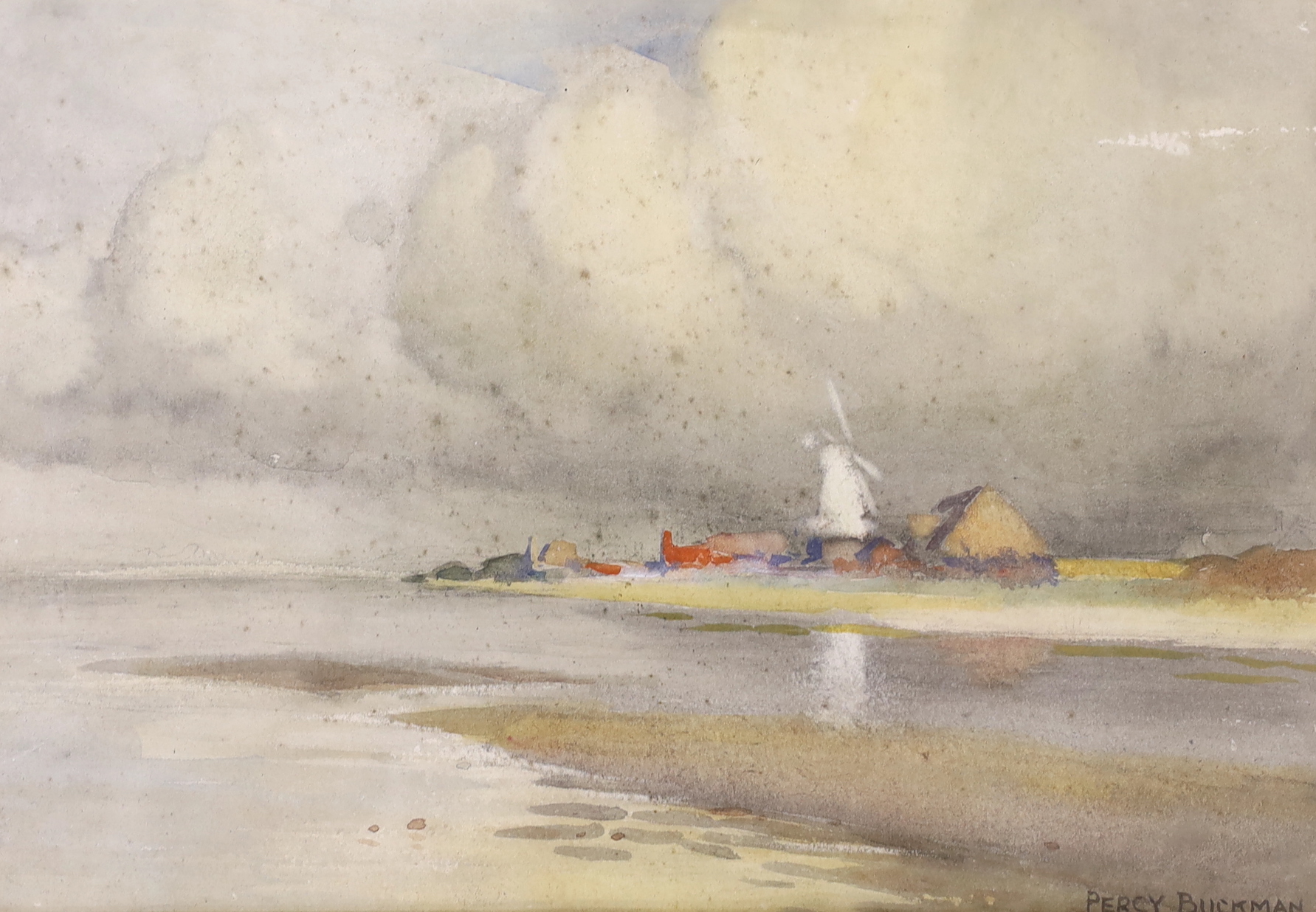 Percy Buckman RMS, (British 1865-1935), watercolour, Estuary with windmill, signed, 17 x 24cm